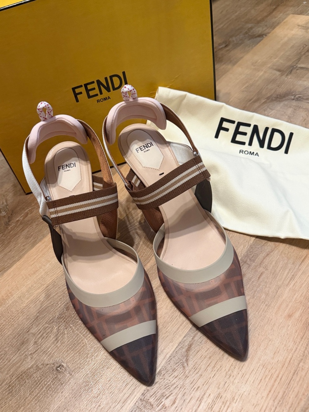 Fendi Colibri Striped Pointed Toe Slingback Flats - Brown, Tan & Cream